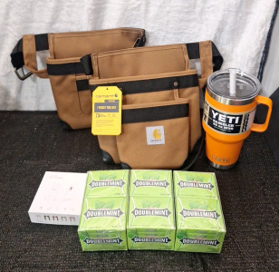 (1) Carhartt CT0347 - 7-Pocket Tool Belt, (1) Pair Of Wireless Earbuds, (1) YETI 35-Oz Rambler Mug W/ Straw Lid (3) Boxes Of 10-Fifteen Stick Packs Of Wrigley's DoubbleMint Gum