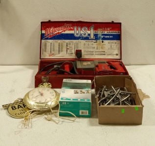 (1) Milwaukee Vintage Rotary Hammer With Box, (1) Logitech Webcam, (1) Bar Clock With Sign, and (1) Box of Orthopedic Tools