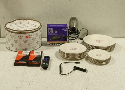 (1) Set of China Plates, (1) Roko Set, (2) Screen Protectors, and (1) Oster Hair Dryer