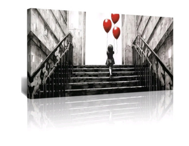 (1) Large - Canvas Wall Art Print - Banksy Black & White Girl W/ Red Ballons 20"T x 40"L