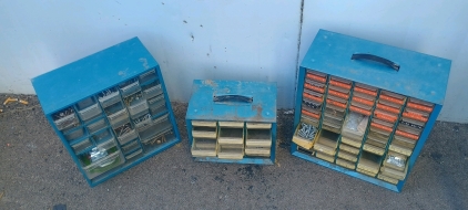 (4) Blue Metal Drawer Organizers - Filled w/ Screws Nuts & Hardware