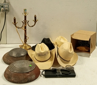 (1) Large Lot of Vintage Cowboy Hats, Hubcaps, Lamp, and Much More