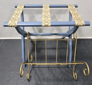 Genuine Vintage Scheibe Folding Wood & Embroidered Fabric Luggage Rack / +$100 Value! & Gilded Vintage Metal Magazine Rack/Holder