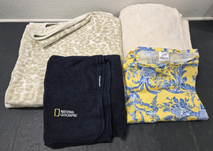 XLarge Leopard Print Dormisette by Ibena Fleece Blanket (Made in Germany) / +$80 Value! , Large Charter Club 100% Polyester Blanket , BodRum 100% Cotton Throw Blanket (Made in Turkey) , & National Geographic Fleece Blanket