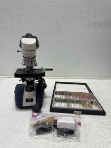 (1) AmScope B120C Series LED Lab Binocular Compound Microscope. With Microscope Slides