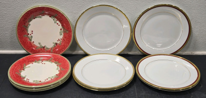 (4) Lenox "Holiday Gatherings" Wreath Accent Plates 11" / +$80 Value! , (3) White/Gold Accent (3) White/Red/Gold Accent Charter Club Grand Buffet Gold 11" Plates / +$100 Value Set!