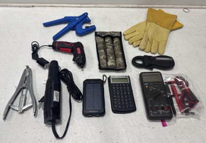 Assorted Tools- Heat Gun, Wired Drill, Solar Power Bank & More