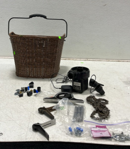 (1) Electric Pump (1) Chainsaw Blade (1) Bike Basket & Assorted Accessories & Compnents