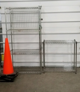 (2) Wire Shelving Racks 35x18x71in and 35x14x34in and (4) Traffic Cones 15x15x35in