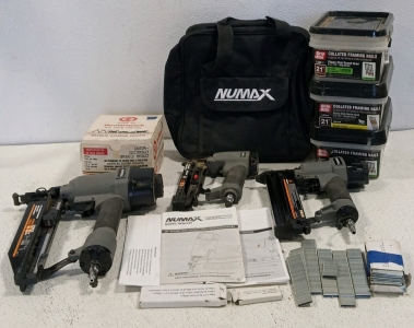 (3) Numax Tools With Tool bag and Manuals, (3) Bins of Collated Framing Nails, and (1) Model Train Throttlepack