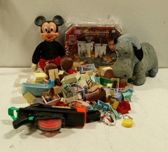 (1) Large Lot of Vintage Kid's Toys, Doll Furniture, Mickey Plush, and More!