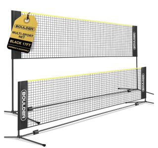 (1) Boulder - InstiNet - Portable Badminton Pickleball Net - Foldable/Extendable Poles For Multiple Sports Heights (UP to 5 ft) - Ideal for Tennis, Pickleball, Soccer Tennis - Easy Setup, Black & Yellow