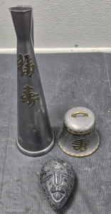 Hong Kong Made Pewter Tall Vase & Bell Shaped Storage Container & African Stone-Carved Trinket Box
