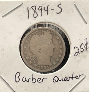 1894-S Barber Quarter, Liberty Head Design, U.S. Coin
