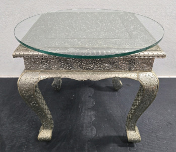 Vintage Anglo-Indian Silver Clad Side Low Table w/ Round Thick Glass Top