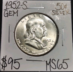 1952-S MS65 Gem Silver Franklin Half Dollar