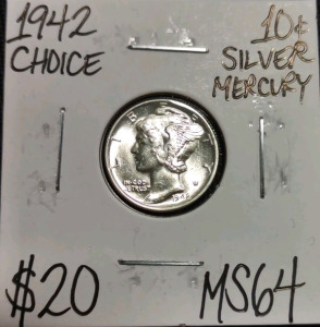 1942 MS64 Choice Silver Mercury Dime