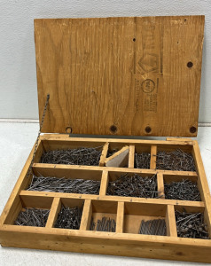 (1) Wooden Storage Container w/ Assorted Nails
