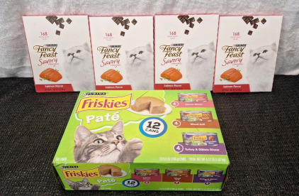 (1) Case Of Frskies Pate Variety Pack Canned Cat Food, (12) 5.5-oz/156-g Cans, Exp Oct 2025 & (4) 3-oz Packs Of Purina Fancy Feast Savory Cravings Salman Flavored Treats, Exp Nov 2025
