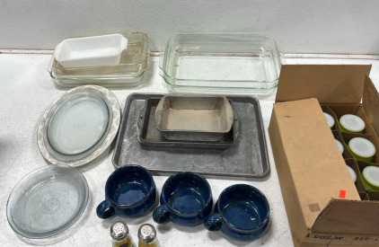 (11) Glass & Metal Trays (3) Blue Soup Bowls (1) Salt & Pepper Shakers (2) Designed Glass Plates (1) Box of