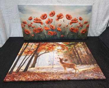 (2) Large - Canvas Wall Art Prints, (1) Red Poppy Field, 40"W x 20"T & (1) Deer In Autumn Forest, 36"W x 24"T<br/>