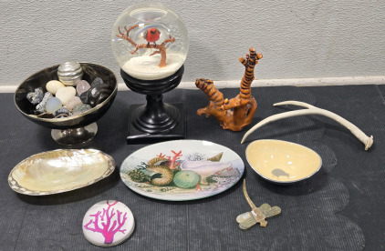 Assorted Home Decor Items: Fossilized Red Coral, Large Red Robin Snow Globe, Decor Dish w/ Crystals, & More!