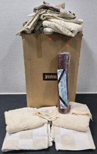 Large Box Full of Assorted Size Towels & BedSheets/Pillow Cases & Roll of Deco Poly Mesh w/ Foil