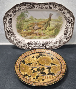 Large Spode Woodland Fine-Porcelain Turkey Platter - 20&frac12;"L x 15&frac12;"W / +$250 Value! (Made in England) & Antique Hand-Crafted Chinese Cloisonne Decor Plate (Textured Decor) - 14"&oslash;