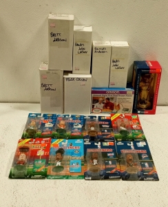 (6) New in Box Sports Bobbleheads, (1) Forever Collectibles Barry Bonds Figure, (8) Sealed Sports Headliners Figures, (1) Blood Pressure Monitor