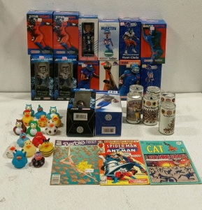 (14) Boise State Football Bobbleheads in Boxes, (3) Vintage Comic Books, (6) Vintage Iron City Beer Cans, and (16) Rubber Ducks