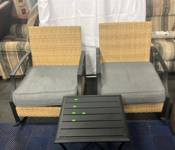 (2) Grey,Brown & Black Patio Chairs W/ table