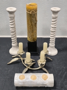 Fancy Candle Holders & Candles: Hollow Ceramic Tall Spiral Candle Holders, (Unknown) Solid Carved Crystal Candle Holder, Solid Metal Flower 4-Candle Holder, & Very Tall Decor Candle