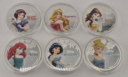 Set of (6) Disney "Princess" Silver Plated Collector Coins (Each Made w/ 1oz .999 Fine Silver)