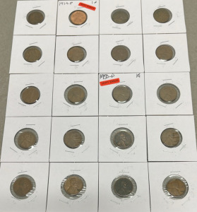 (20) Pennies Carded including1950-D Lincoln Wheat Cent W/ Mint Error, 95% Copperr, Denver Mint