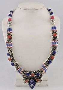Beautiful Blue Lapis Lazuli & Red Coral Tibetan Silver Necklace