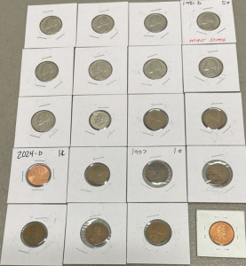(20) United States Mint Coins, Jefferson Nickels, Lincoln Cents, 1981-D, 2024-D, 1907