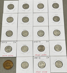 (20) Coins Including Jefferson Nickels 1977, 1987, 2023 Mint State with Pony Express Token