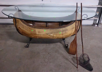 Rustic Birch Bark Canoe Coffee Table W/ Glass Top and Wrought Iron Base