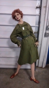 Vintage Ladies Investments Olive Green Double Breasted Trench Coat w/ a Female Mannequin