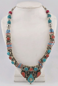 Beautiful Large Turquoise & Red Coral Tibetan Silver Necklace