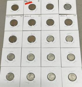 (20) U.S. Mint Coins: 1940-D Mint Error Penny, 1953-D, 1944-P Wheat Pennies, Roosevelt Dimes