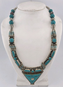 Large Natural Turquoise Tibetan Silver Necklace