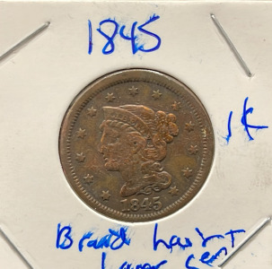 1845 United States Braided Hair Large Cent, Liberty Head Design