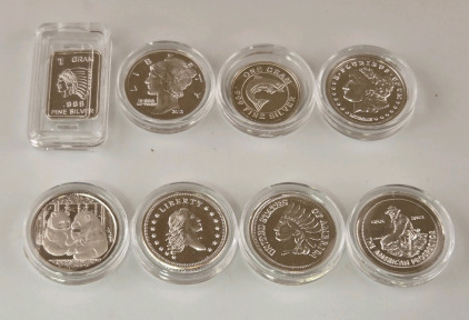 (8) Different 1-Gram .999 Fine Silver Rounds & Bar