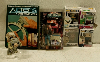 (6) Action Figures and Funko Pops and (1) Oval Template Set