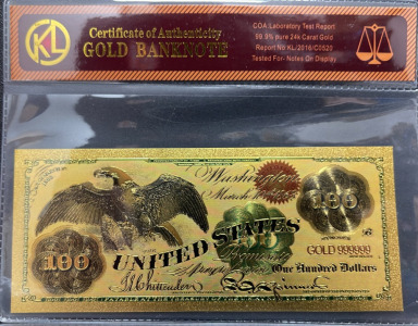 99.9% Pure 24k Gold Banknote with COA, United States 100 Dollar Design