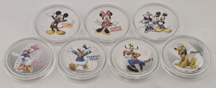 Set of (7) Disney "Characters" Silver Plated Collector Coins (Each Made w/ 1oz .999 Fine Silver)