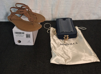 (1) Pair Of Centro Point Women's Sandals , Brown, Size-10 & (1) Borivilla Handbag, Dark Blue