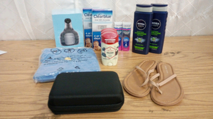 Women's CentroPoint Sandals Tan sz6.5, Scalp Massager, 3pk Old Spice Deodorant, (2) Nice Men Body Wash and Whole Box Amazon Overstock