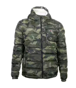 (1) Tommy Hilfiger Men's Midweight Sherpa Lined Hooded Water Resistant Puffer Jacket, Cammo, Size XXL